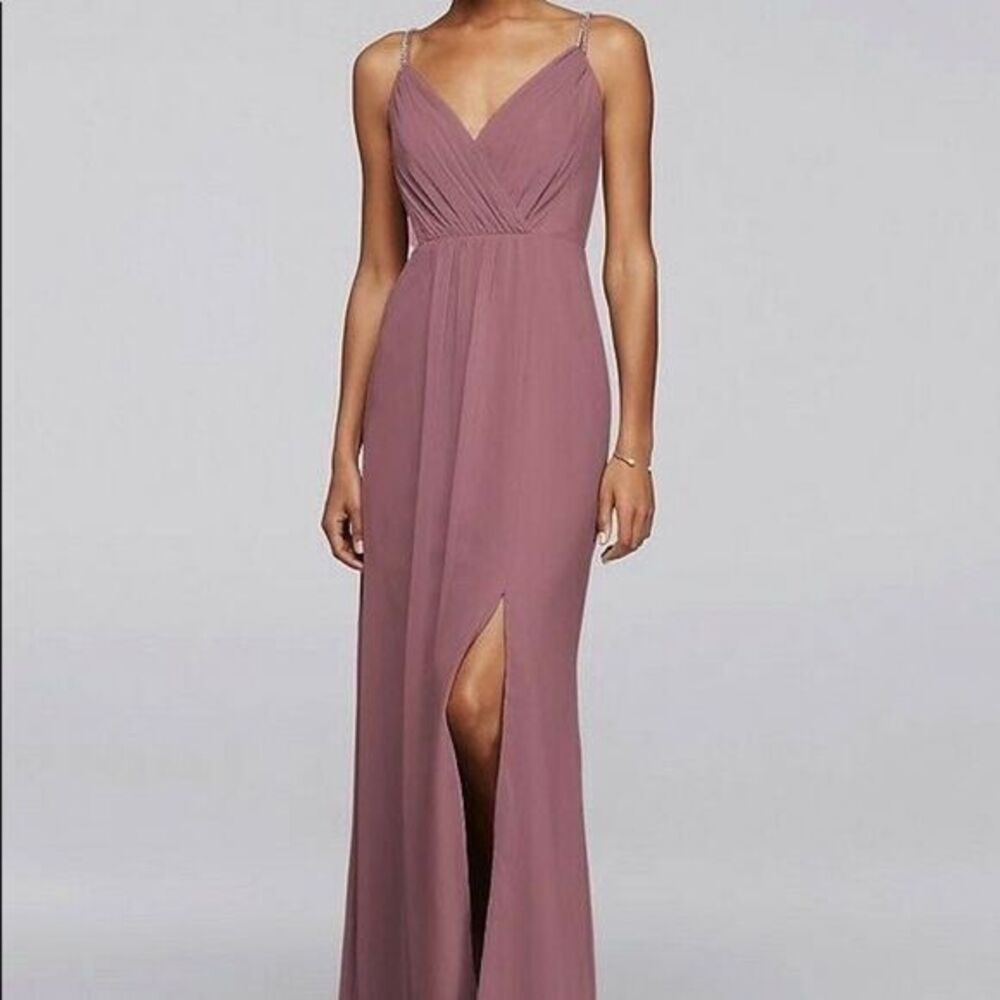 David’s Bridal Rhinestone Strap Long Bridesmaid Dress Quartz